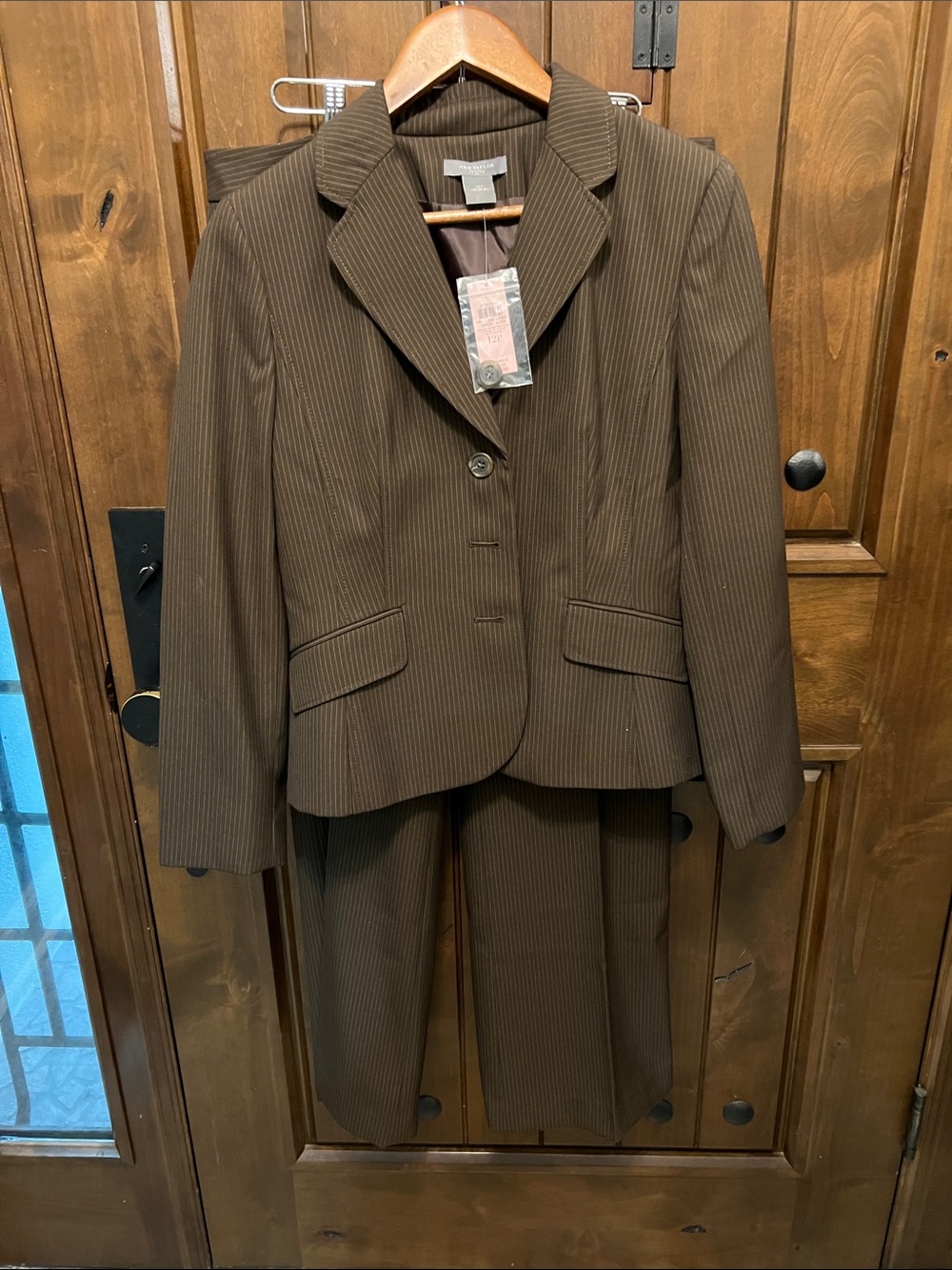 Women's Petite Brown Pinstripe Blazer and Trouser Set